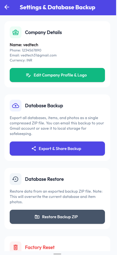 Settings & Backup Screen
