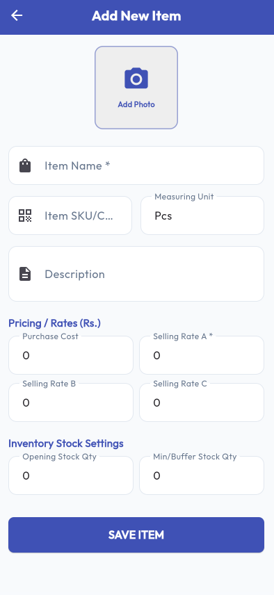 Add New Item Screen